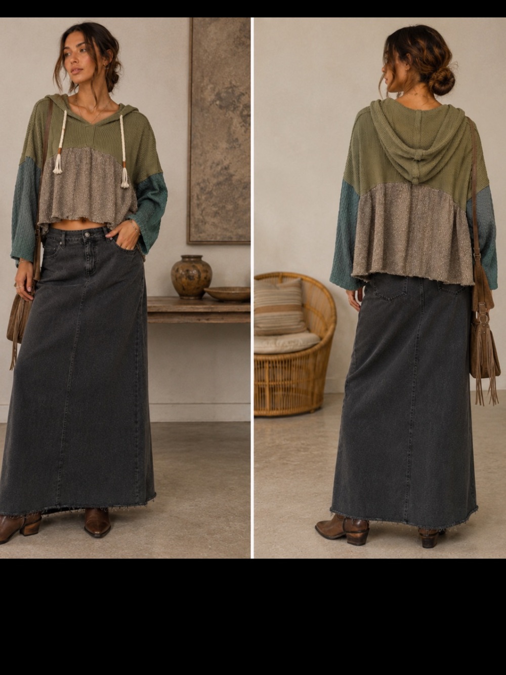 POL boho  Mixed Knit Hoodie Oversized layered Tunic M